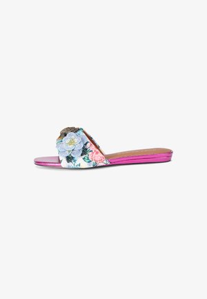 Floral slide sandal with a colorful pattern, featuring a light blue flower accent and metallic pink sole. Smooth texture, open-toe design.