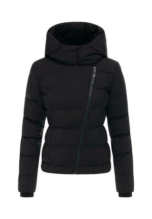 Black puffer jacket with an asymmetric zipper, high collar, and ribbed cuffs; features quilted sections and smooth texture.