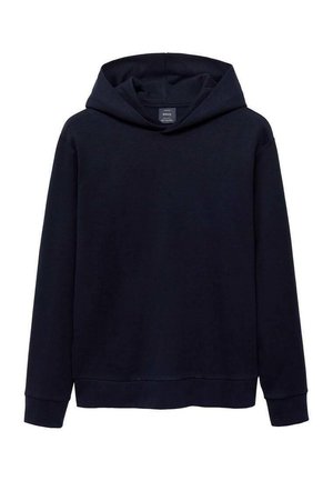 Mörkblå hoodie i mjukt tyg. Har en stor känguruficka, ribbade ärmslut och justerbar dragsko vid huvan. Enkelt, avslappnat design.