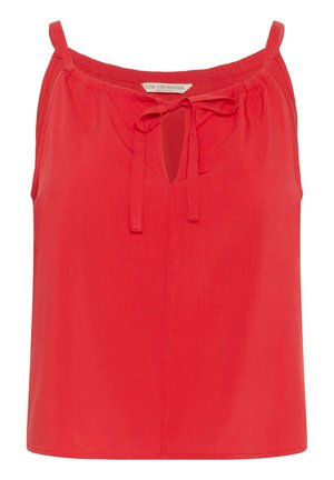Haut sans manches rouge avec une ouverture en forme de trou de serrure et un détail noué au cou. Fabriqué en tissu doux avec une coupe décontractée et sans embellissements supplémentaires.