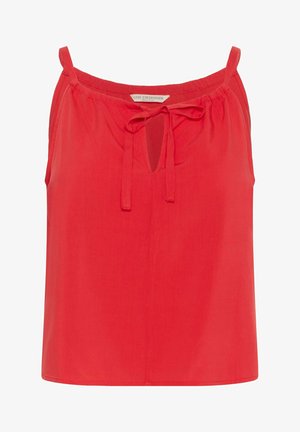 Sarkans bez piedurknēm ar atslēgas caurumu un saistīto detaļu ap kaklu. Izgatavots no gludas auduma ar brīvu piegriezumu un bez papildu rotājumiem.