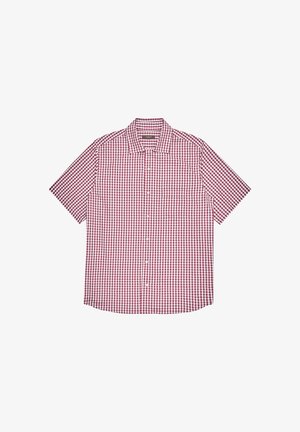 Chemise à manches courtes à carreaux rouges et blancs, avec col boutonné, tissu en coton et ourlet droit.