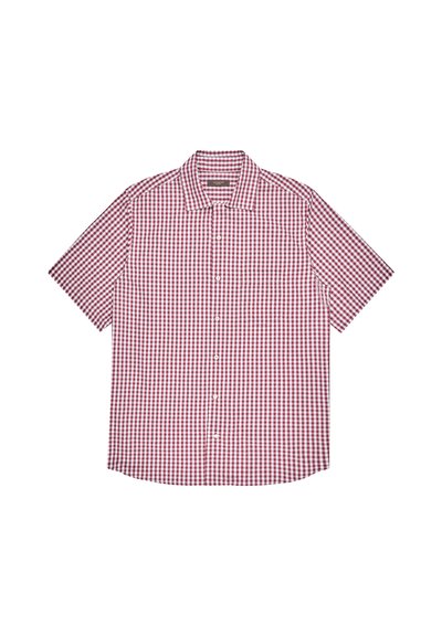 Chemise à manches courtes à carreaux rouges et blancs, avec col boutonné, tissu en coton et ourlet droit.