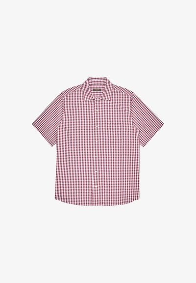 Chemise à manches courtes à carreaux rouges et blancs, avec col boutonné, tissu en coton et ourlet droit.