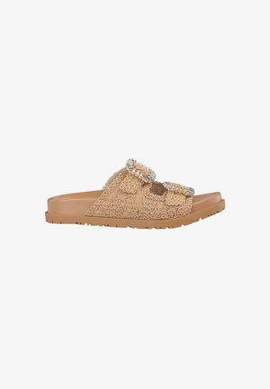 Beige Slide-Sandalen aus texturiertem Material mit floralen Mustern und doppelten runden Strass-Akzenten auf jedem oberen Riemen. Flache Gummisohle.