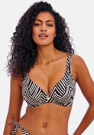 Black and white striped bikini top with a deep V-neck, underwire support, and decorative gold hardware in the center. Rounded shoulder straps.