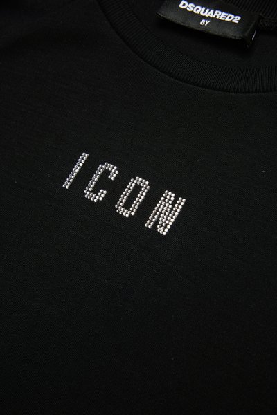 Czarna bawełniana koszulka z napisem "ICON" w srebrnych dżetach, okrągły dekolt i miękka tekstura. Metka z napisem "DSQUARED2."