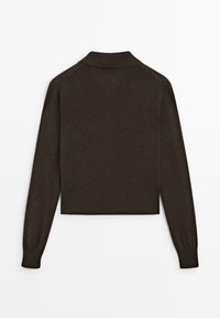 Brązowy, długi rękaw sweter typu pulowerek z kołnierzykiem. Tkanina wydaje się miękka o gładkiej fakturze. Krótkie wykończenie, dopasowane mankiety, minimalne detale.