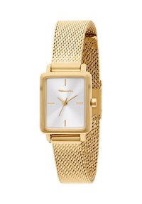 Montre rectangulaire dorée avec un bracelet en mailles. Le cadran blanc comporte quatre index horaires dorés et une aiguille des heures dorée unique. Design minimaliste.
