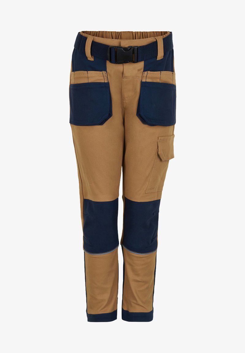 Pantalons de travail en tissu beige avec des accents bleu marine, plusieurs poches et une ceinture. Conçus pour être pratiques avec des renforts.