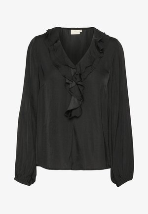 Mustast bluusist, mis on valmistatud siledast kangast, V-kaelusega, pikad varrukad ja volangidega esiosa detail. Pehme tekstuur ja mugav lõige.
