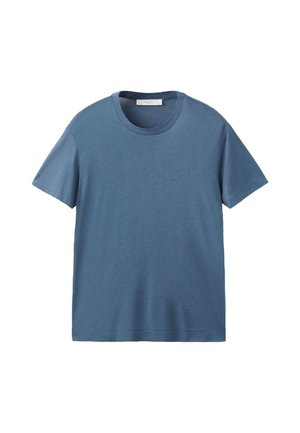 T-shirt in cotone a collo tondo di colore azzurro morbido, con maniche corte e vestibilità comoda, caratterizzata da una trama semplice e liscia senza motivi.