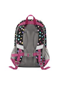 Black backpack with multicolored polka dots, pink accents, mesh back, adjustable straps, and side pockets. Includes a front buckle for secure carry.