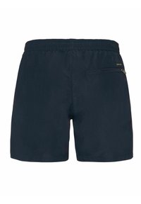 Shorts noirs avec une taille élastique, dotés d'une poche zippée à l'arrière et d'une texture lisse et mate. Design simple sans motifs.