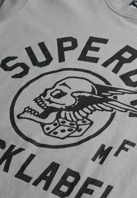 Grijze katoenen t-shirt met een zwarte doodskop met vleugels en dobbelstenen graphic, omringd door de tekst "SUPERB M F" in vette letters.