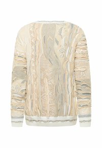 Strukturierter Strickpullover in Beige mit grauen Akzenten, mit einem filigranen Muster und detaillierten Schlitzen an Ärmeln und Rücken.