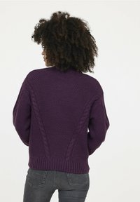 Pull en tricot violet avec un motif texturé, des accents en torsade et un ourlet côtelé. Porté avec un jean gris, vu de dos.