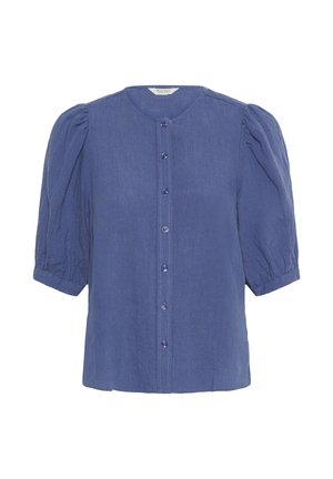 Mėlyna trumpomis rankovėmis palaidinė su pūstomis rankovėmis ir priekyje sagų užsegimu, apskritu kaklu ir lengva medžiaga.