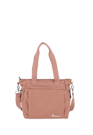 Bolso tote de tela rosa con asas dobles, correa de hombro desmontable, cierre de cremallera y bolsillos delanteros para organización. Presenta detalle de logotipo.