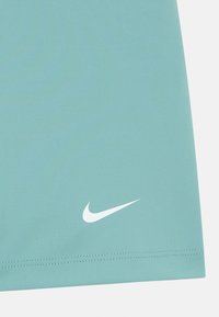 Zielone spodenki sportowe wykonane z przewiewnego materiału, z białym logo Nike blisko dołu, o gładkiej fakturze i prostym kroju.