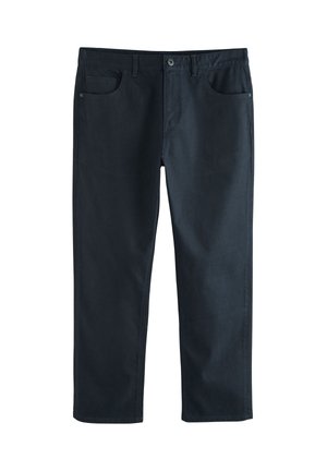 Dunkelblaue Jeans mit geradem Bein, zwei Seitentaschen, Knopfverschluss und einer glatten, strukturierten Oberfläche.