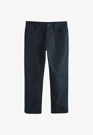 Dunkelblaue Jeans mit geradem Bein, zwei Seitentaschen, Knopfverschluss und einer glatten, strukturierten Oberfläche.