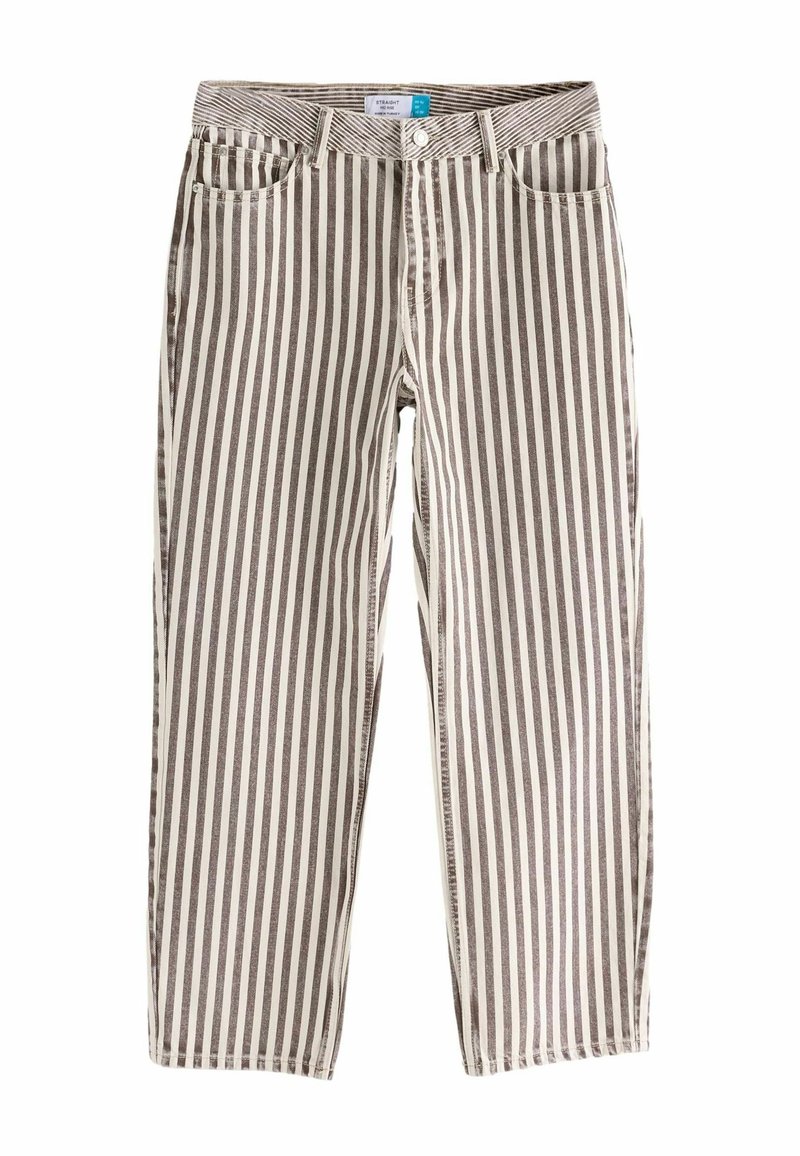 Pantalon rayé avec des rayures verticales brunes et blanches, en denim. Comprend cinq poches et une fermeture à bouton. Design à jambes droites.
