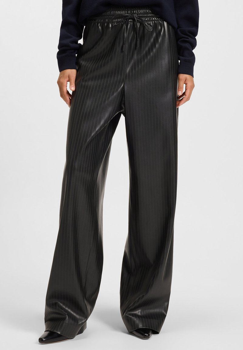 Black faux leather wide-leg pants with vertical pinstripes, elastic waistband with drawstring, and smooth, shiny texture.