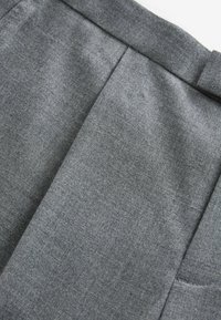Pantalones de tela gris con una textura suave, que presentan pliegues prominentes y una cinturilla. Incluyen un detalle de bolsillo lateral.