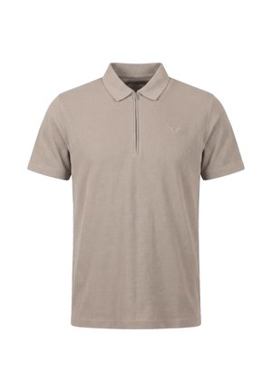 Bež polo majica kratkih rukava s patent zatvaračem sprijeda i malim izvezenim logotipom na lijevoj strani prsa.