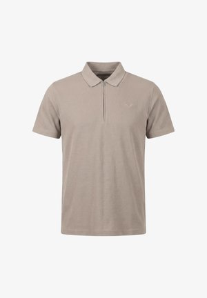 Polo beige à manches courtes avec une fermeture éclair à l'avant et un petit logo brodé sur la poitrine gauche.
