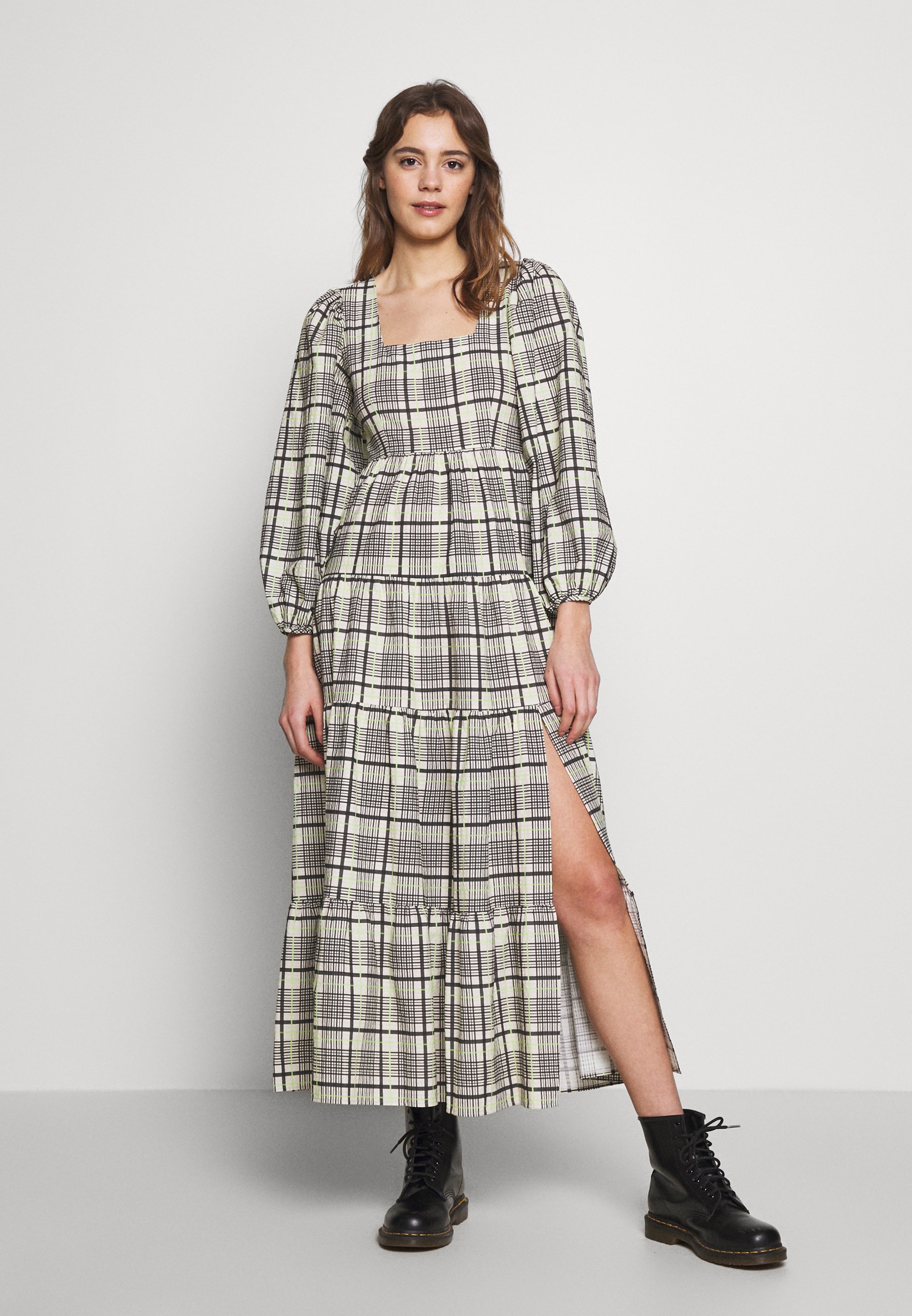 Topshop check tiered midi dress in green Clearance