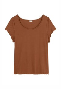 Haut en maille côtelée à manches courtes de couleur rouille avec encolure dégagée et bord ondulé aux manches et à l'ourlet, présenté à plat sur fond blanc.