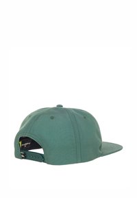Groene snapback cap met een platte rand, gemaakt van stof. Heeft ventilatiegaten en een plastic verstelbare riem aan de achterkant.