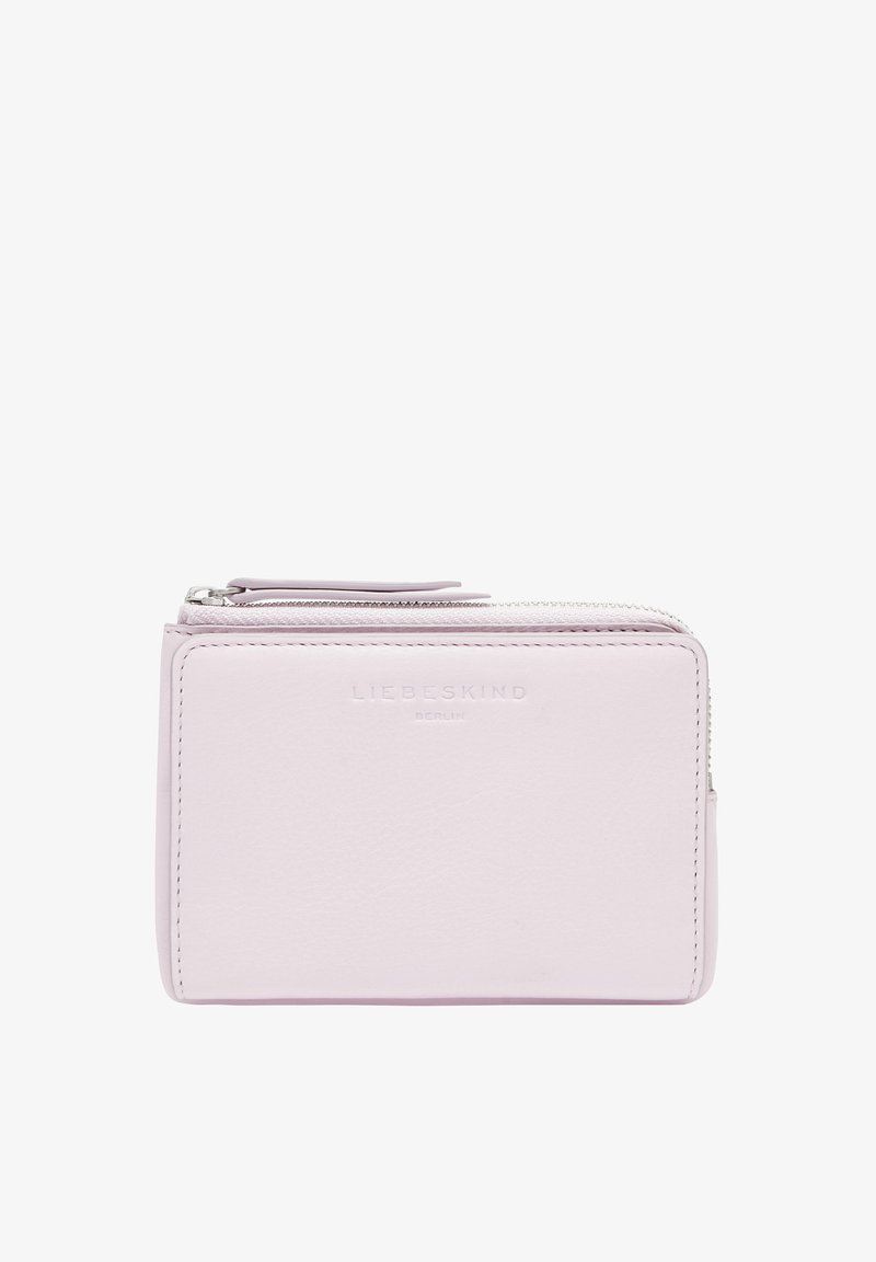 Light pink leather wallet with a zip closure, embossed logo, and a smooth texture. Features rounded edges and a compact rectangular shape.