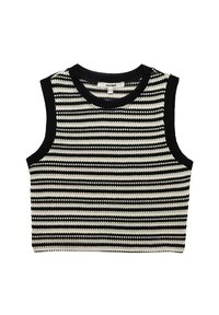 Zwart-wit gestreepte mouwloze crop top met een geribbeld textuur en een ronde halslijn. Ontworpen met contrasterende horizontale strepen.