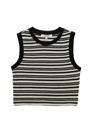 Czarna i biała w paski bezrękawnikowa bluzka z ribbowym wykończeniem i okrągłym dekoltem. Zaprojektowana z kontrastującymi poziomymi paskami.