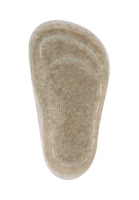 Beige Fußbett in geformter Form, mit strukturierter Oberfläche und Stichdetails. Glatte Kantenübergänge zu einem stoffähnlichen Obermaterial.