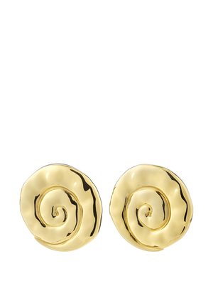 Rounded gold earrings with a polished spiral design and slight irregular edges, reflecting light on a white background.