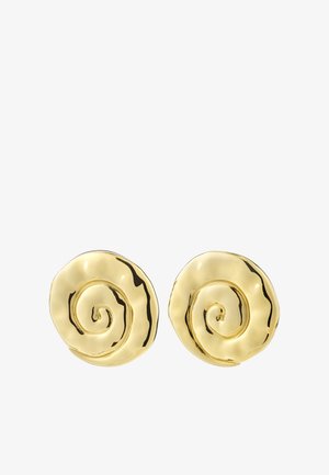 Rounded gold earrings with a polished spiral design and slight irregular edges, reflecting light on a white background.