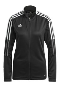 Black track jacket with high collar, zip front. Features three white stripes along shoulders and mesh accents on sleeves. Smooth fabric texture.