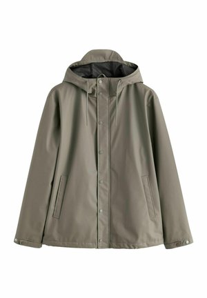Water-resistant olive green jacket with a hood, front snap closure, and two side pockets. Smooth exterior with a simple design.