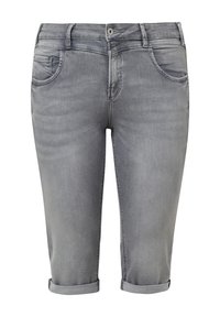 Grijze denim capri broek met opgerolde boorden, voorzien van een rits en knoopsluiting, vijf zakken en een subtiele stofstructuur.