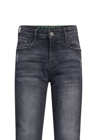 Jeans in denim grigio scuro con un design sbiadito, caratterizzati da un'apertura con bottoni, tasche frontali e sottili dettagli strappati.