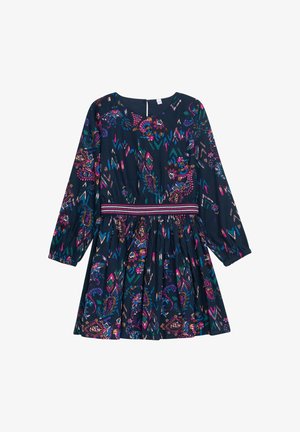 Robe bleu foncé à manches longues avec des motifs floraux et cachemire colorés et une ceinture élastique rayée.
