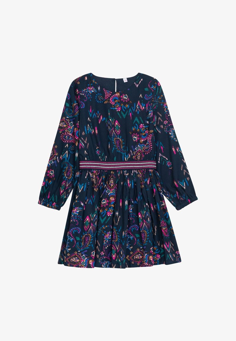 Robe bleu foncé à manches longues avec des motifs floraux et cachemire colorés et une ceinture élastique rayée.
