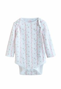 Body dla niemowląt z długim rękawem wykonane z miękkiej białej bawełny, ozdobione kwiatowym wzorem z różowymi kwiatami i zielonymi liśćmi, wyposażone w zatrzaski na dole.