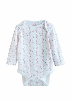 Ilgas rankovėmis kūdikio smėlinukas iš minkštos baltos medvilnės, puoštas gėlių raštu su rausvomis gėlėmis ir žaliais lapais, apačioje su spaustukais užsegamas.