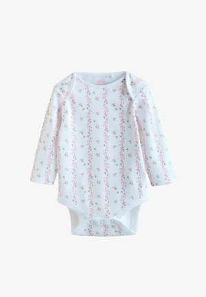 Ilgas rankovėmis kūdikio smėlinukas iš minkštos baltos medvilnės, puoštas gėlių raštu su rausvomis gėlėmis ir žaliais lapais, apačioje su spaustukais užsegamas.