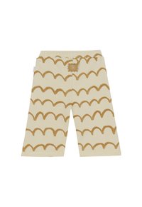 Beige kinderbroekjes met een elastische tailleband en een bruin golvend patroon, voorzien van een klein vierkant label aan de voorkant in het midden.